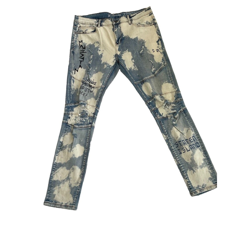 CRYSP DENIM Mens 38x32 Bleach Acid Wash Distressed Graffiti Moto Skinny Jeans